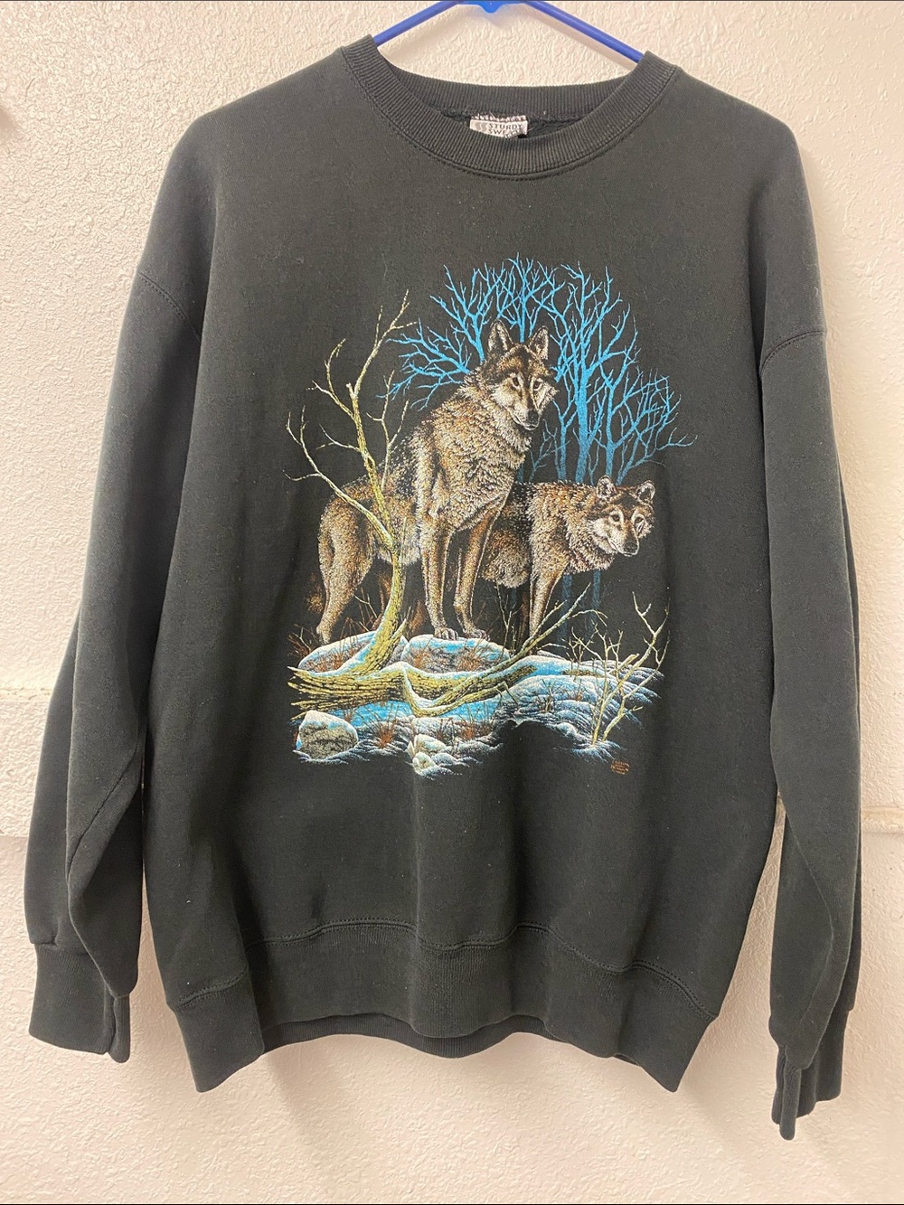 Vintage 80s- Lee Sturdy Serats- wolf print sweatshirt- pullover/ cotton blend-XL